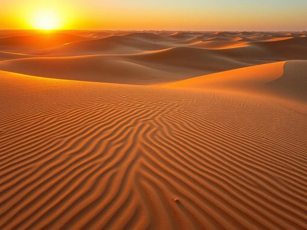 Golden sand dunes of Bawshar at sunset with rippled patterns in the sand