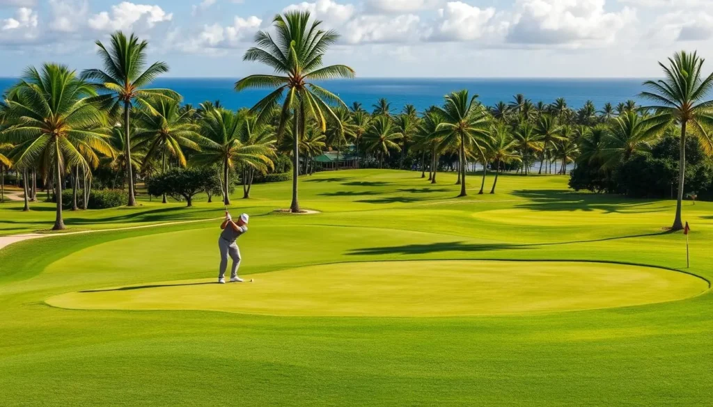 Golfer on a lush green course in Punta Cana with ocean views