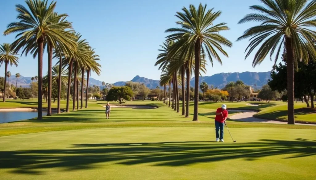 Golfing in Mission Texas with palm trees and water features on the course