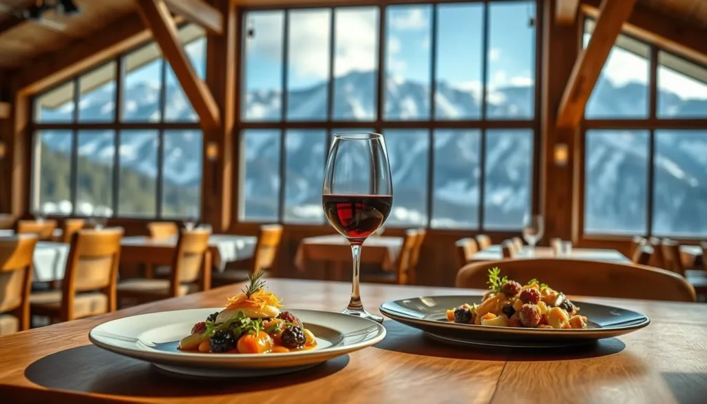 Gourmet dining experience at a restaurant in the Snowy Mountains with mountain views