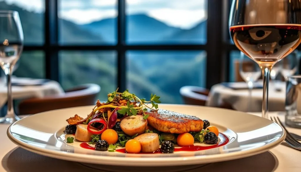 Gourmet meal featuring local Blue Mountains ingredients at a restaurant with mountain views Gourmet meal featuring local Blue Mountains ingredients at a restaurant with mountain views