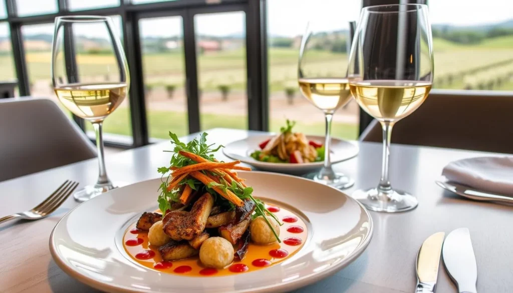 Gourmet meal with wine pairing at a Napier winery restaurant overlooking vineyards Gourmet meal with wine pairing at a Napier winery restaurant overlooking vineyards