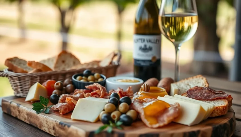 Gourmet platter with local Hunter Valley cheese, olives, and wine Gourmet platter with local Hunter Valley cheese, olives, and wine