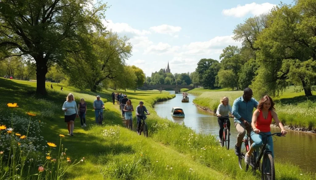 Grantchester Meadows near Cambridge with people walking and cycling along the River Cam