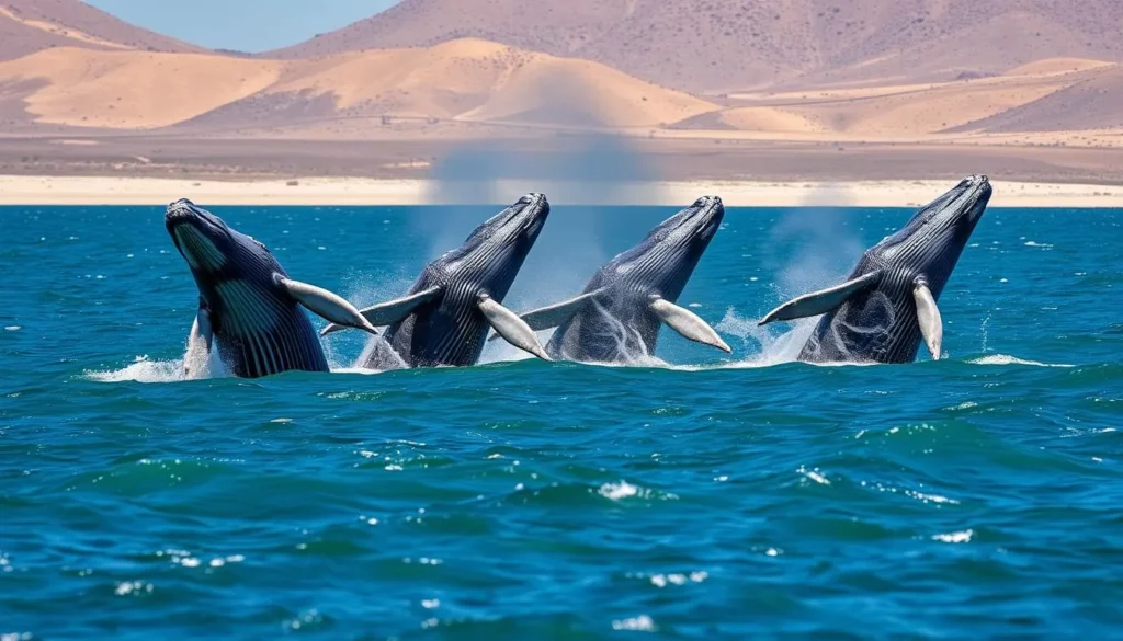 Gray whales breaching in Magdalena Bay, Baja California Sur, Mexico Gray whales breaching in Magdalena Bay, Baja California Sur, Mexico