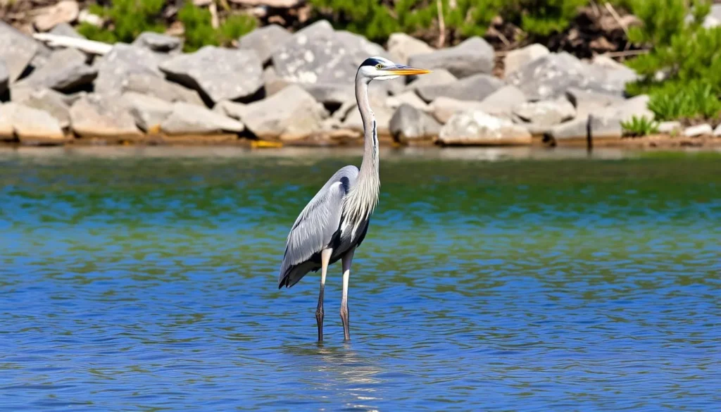 Great blue heron wading in shallow waters at Georgian Bay Islands National Park
