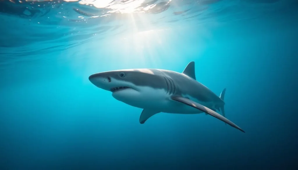 Great white shark swimming near Isla Todos Santos with clear underwater visibility