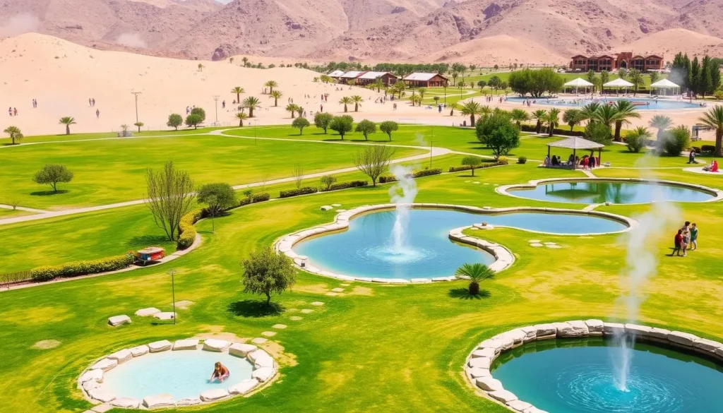 Green Mubazzarah hot springs and park with families enjoying picnics and activities