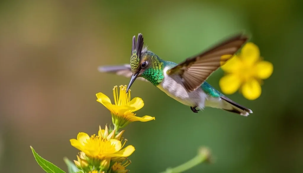 Green-bearded Helmetcrest hummingbird feeding on a frailejon flower in Chingaza National Park