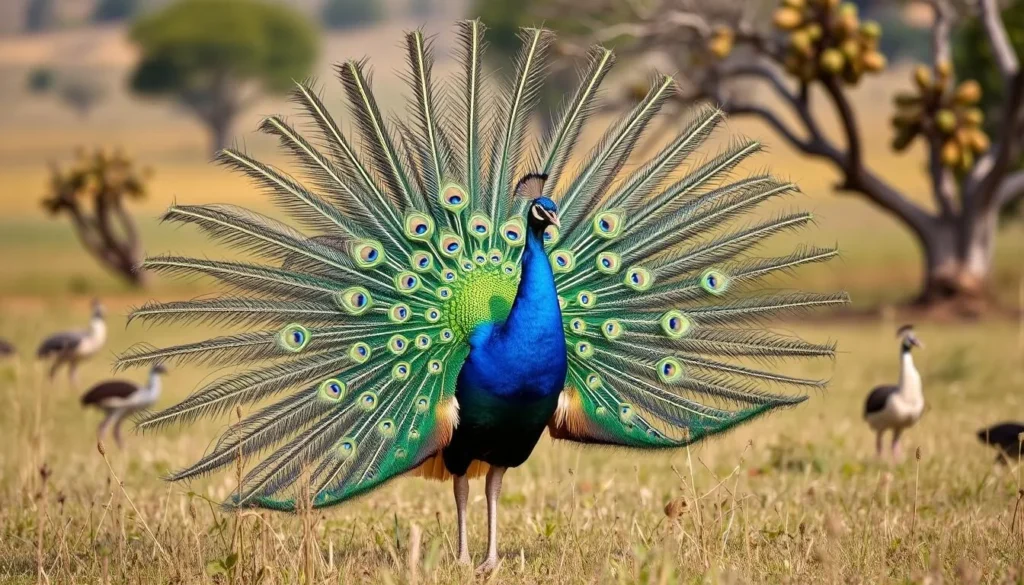 Green peafowl displaying its feathers in Baluran National Park
