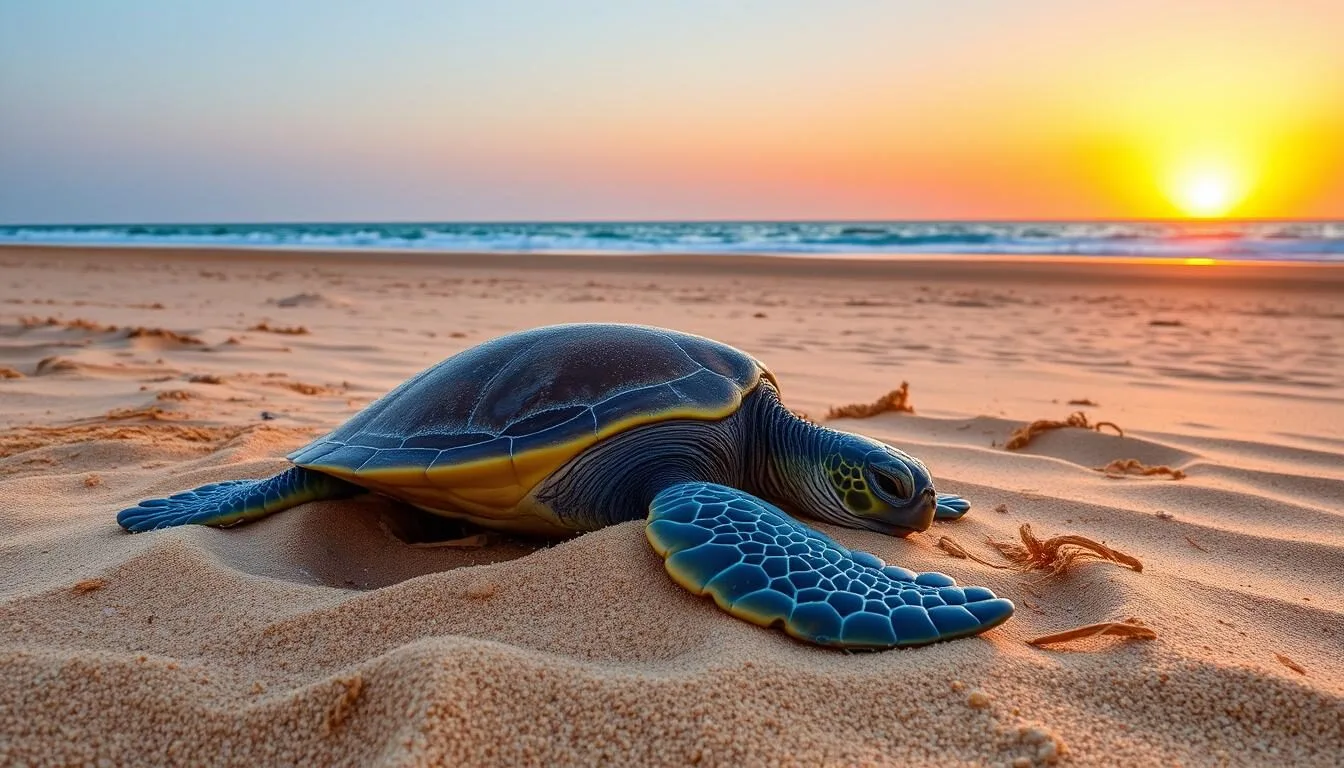 Green sea turtle nesting on the beach at Ras Al Jinz, Oman at sunrise