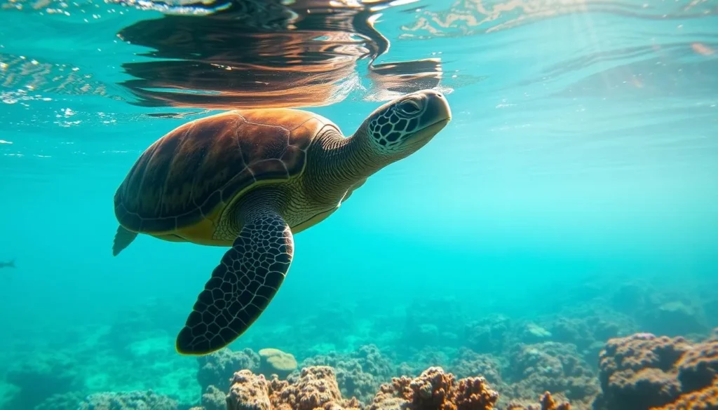 Green sea turtle swimming over coral reef at Nosy Tanikely National Park Madagascar Green sea turtle swimming over coral reef at Nosy Tanikely National Park Madagascar