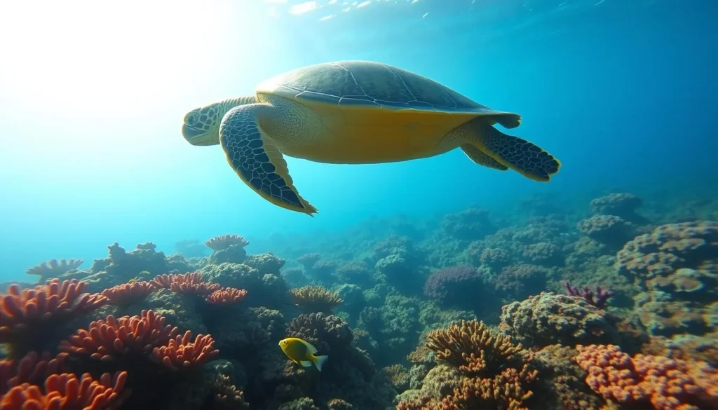 Green sea turtle swimming over coral reef in Nosy Ve-Androka National Park waters