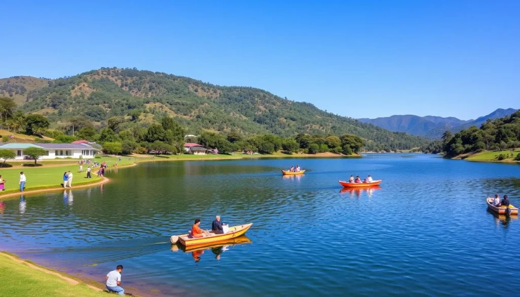 Gregory Lake in Nuwara Eliya with boats and mountains in the background Gregory Lake in Nuwara Eliya with boats and mountains in the background