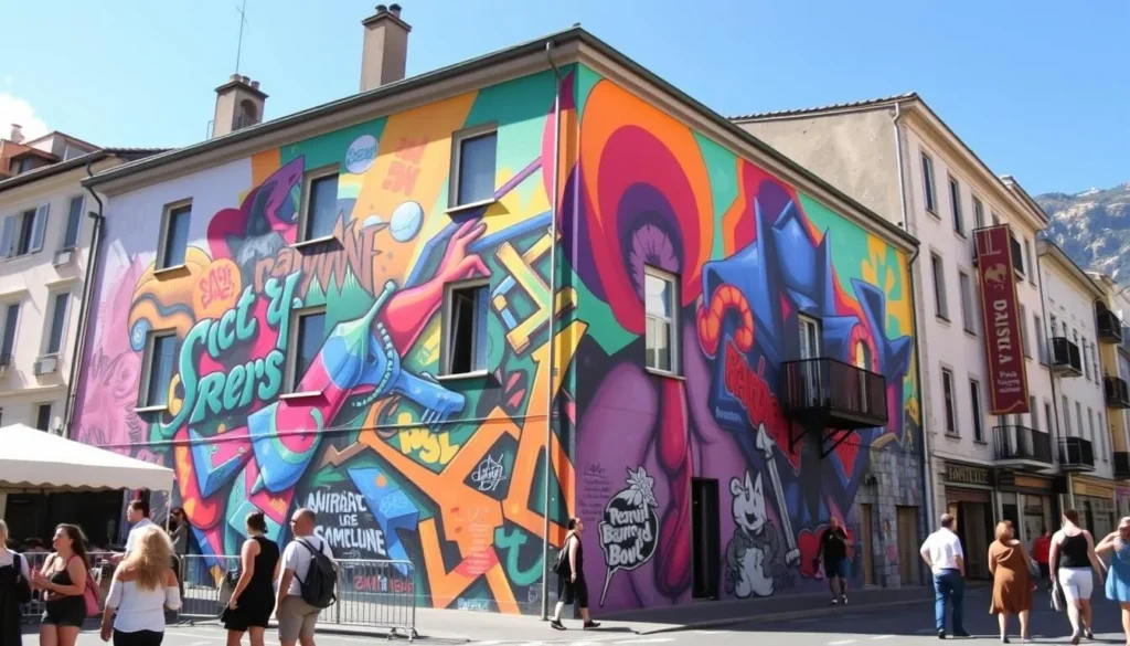 Grenoble Street Art Festival with colorful murals throughout the city during summer months Grenoble Street Art Festival with colorful murals throughout the city during summer months
