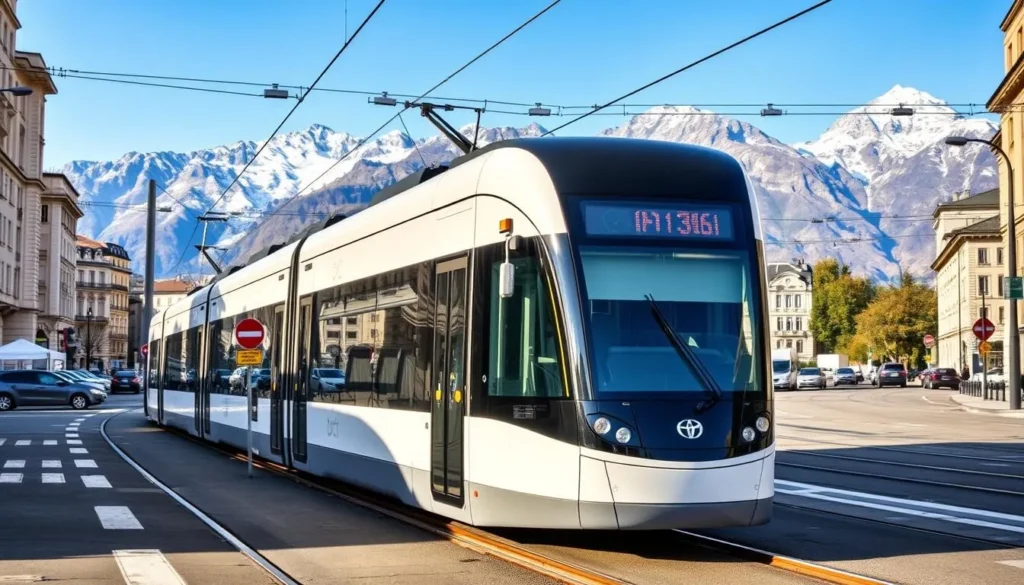 Grenoble's modern tram system passing through the city center with mountains in background Grenoble's modern tram system passing through the city center with mountains in background