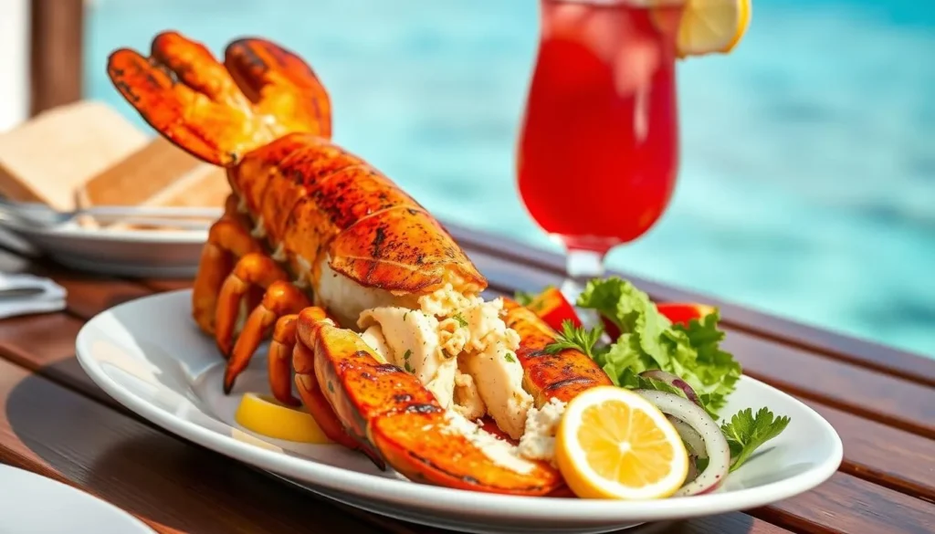 Grilled lobster plate at Scilly Cay with sides and rum punch Grilled lobster plate at Scilly Cay with sides and rum punch