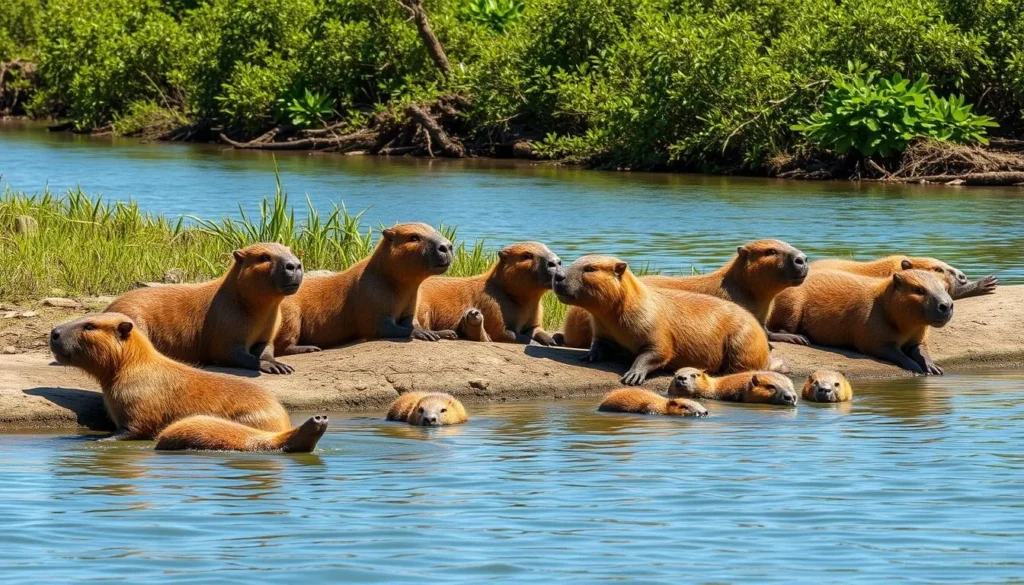 Group of capybaras relaxing near water's edge in Ibera wetlands