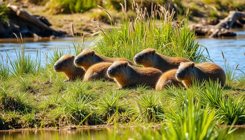 Group of capybaras resting on riverbank in the pampas near Rurrenabaque