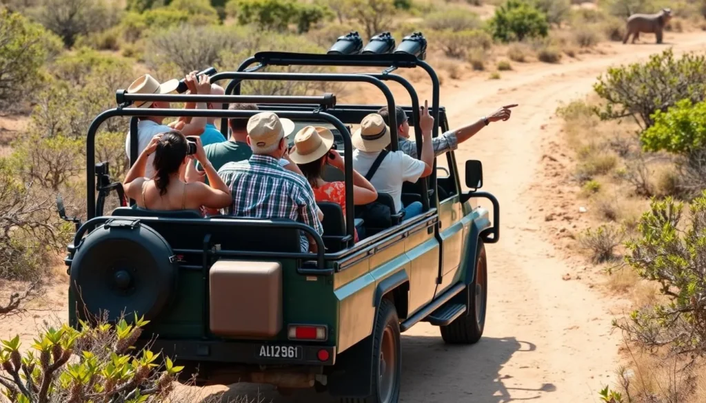 Group of tourists in safari jeep observing wildlife in Yala National Park