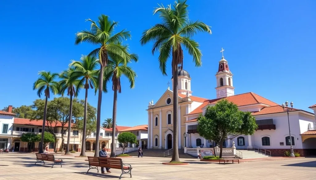 Guadalupe Colombia town square with red-roofed church and palm trees