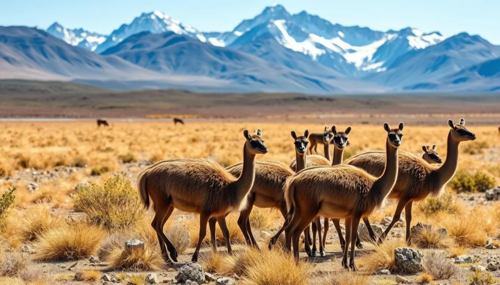 Guanacos grazing in Torres del Paine with mountains in the background