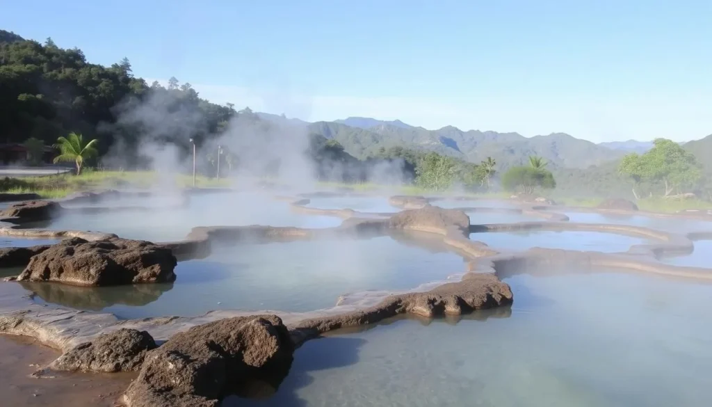 Guci Hot Springs near Tegal with steam rising from natural pools surrounded by lush vegetation