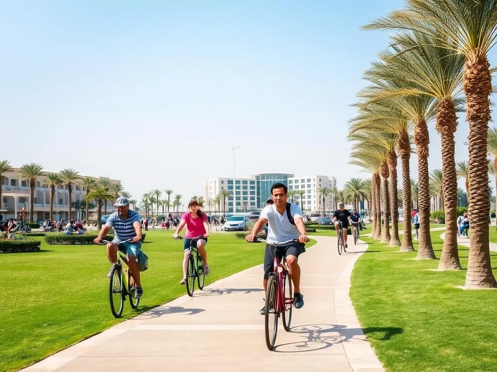Guests riding bicycles on Banana Island Qatar's palm-lined pathways