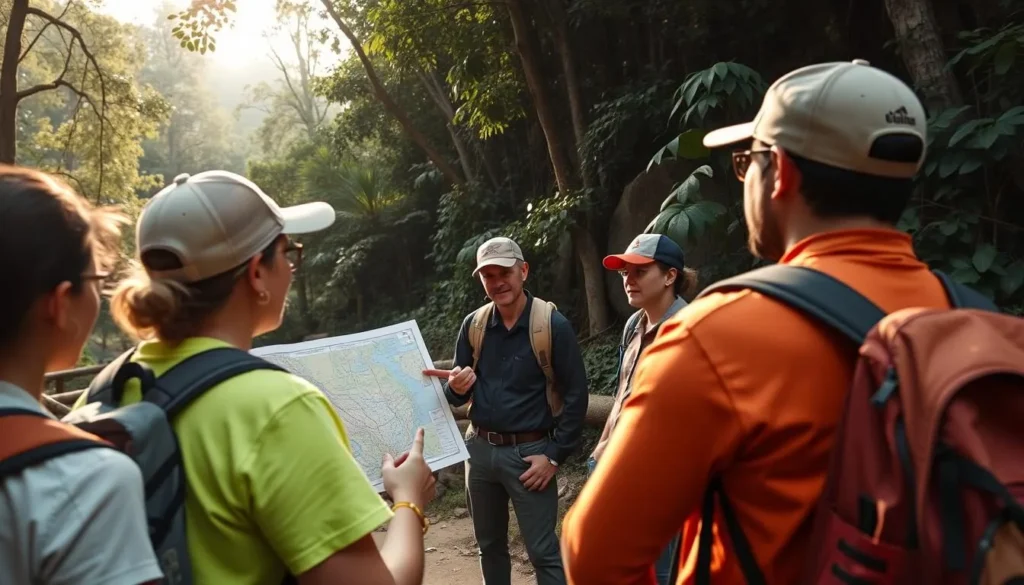 Guide explaining safety procedures to tourists before entering Patuca National Park Guide explaining safety procedures to tourists before entering Patuca National Park