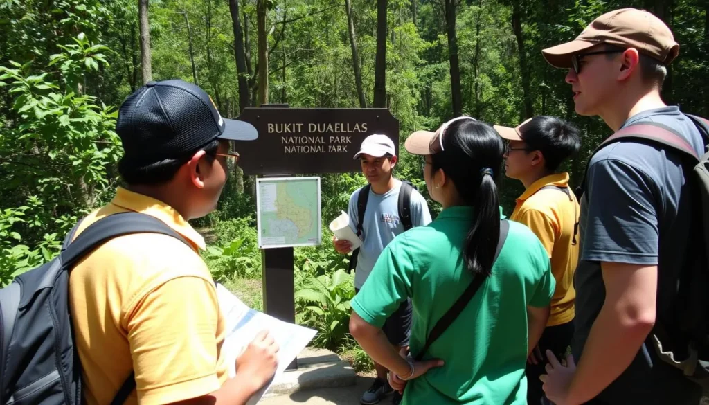 Guide explaining safety procedures to tourists in Bukit Duabelas National Park