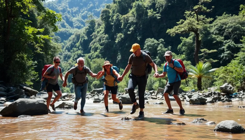 Guide helping trekkers cross a river during the Ciudad Perdida trek