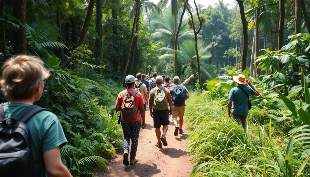 Guided hiking trail through the lush rainforest of Masoala National Park with diverse travelers Guided hiking trail through the lush rainforest of Masoala National Park with diverse travelers