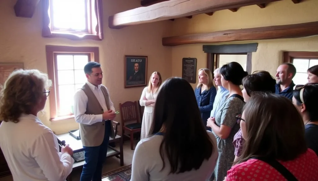 Guided tour inside the Castro Adobe's fandango room with docent explaining history to visitors