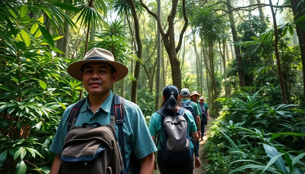 Guided trek through Mount Palung National Park with a local guide leading tourists through dense rainforest