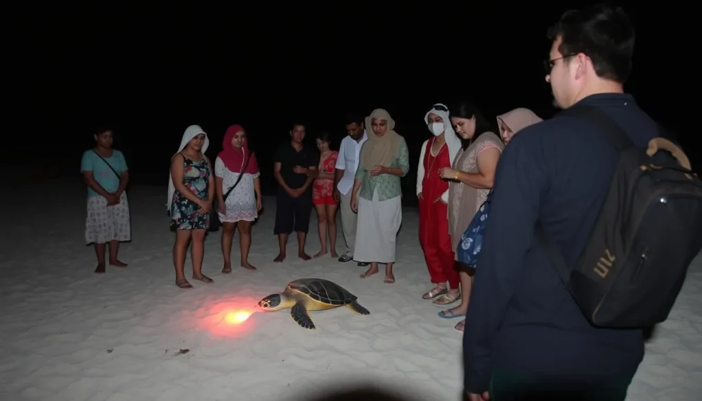 Guided turtle viewing tour at Ras Al Jinz with tourists observing nesting turtles Guided turtle viewing tour at Ras Al Jinz with tourists observing nesting turtles