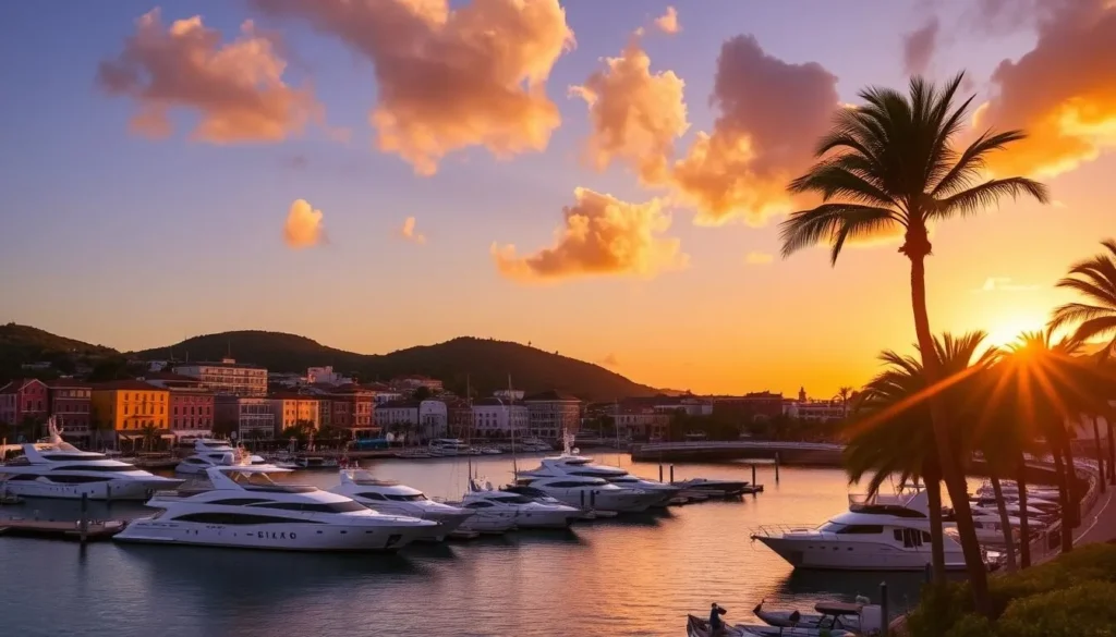 Gustavia Harbor at sunset with luxury yachts and colorful buildings