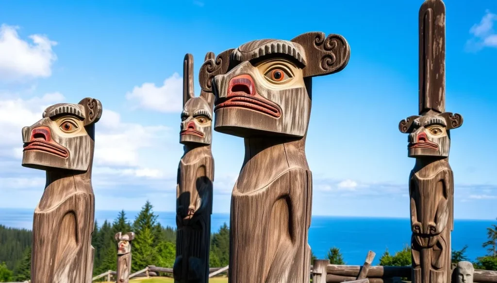 Gwaii Haanas National Park Reserve showing ancient totem poles at SGang Gwaay (UNESCO World Heritage Site)