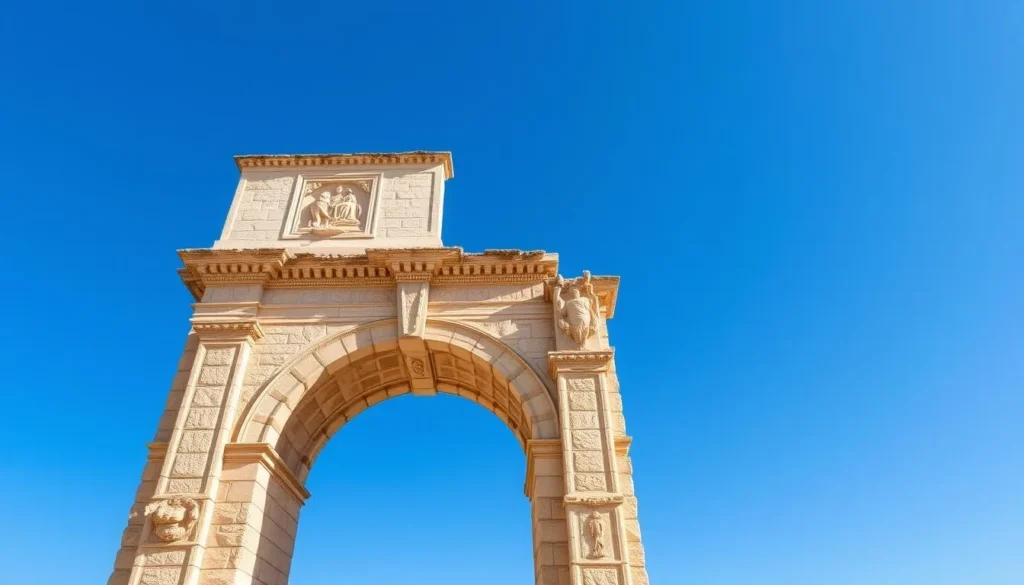 Hadrian's Arch in Jerash standing tall against blue sky, showing detailed Roman architecture