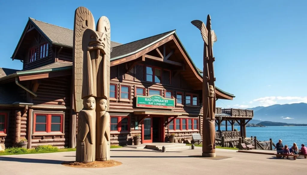 Haida Heritage Centre at Kay Llnagaay showing traditional longhouse architecture and totem poles