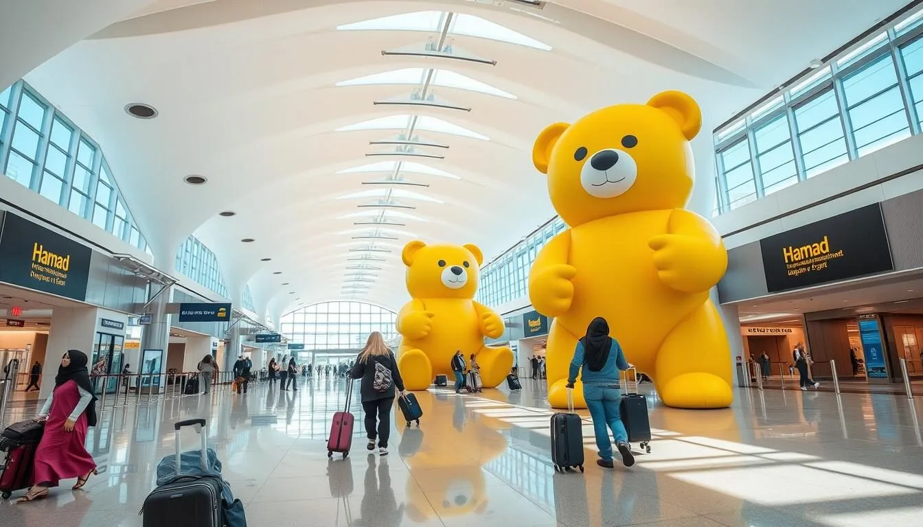 Hamad International Airport in Doha, Qatar with its iconic interior architecture and the famous giant teddy bear sculpture