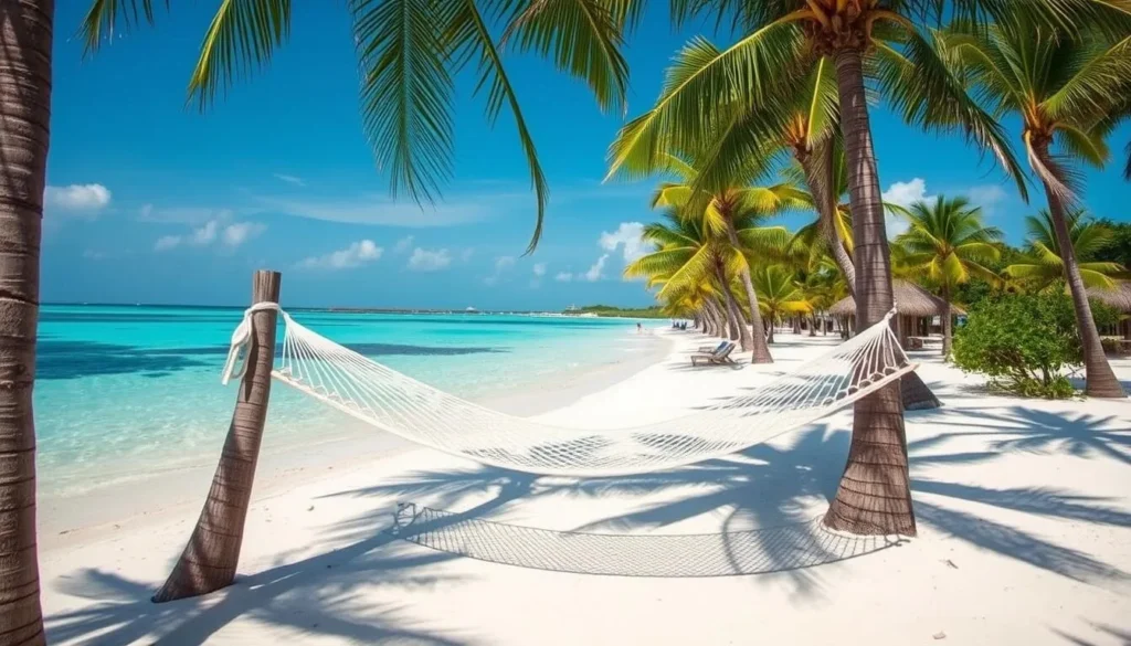 Hammock between palm trees on South Water Caye beach