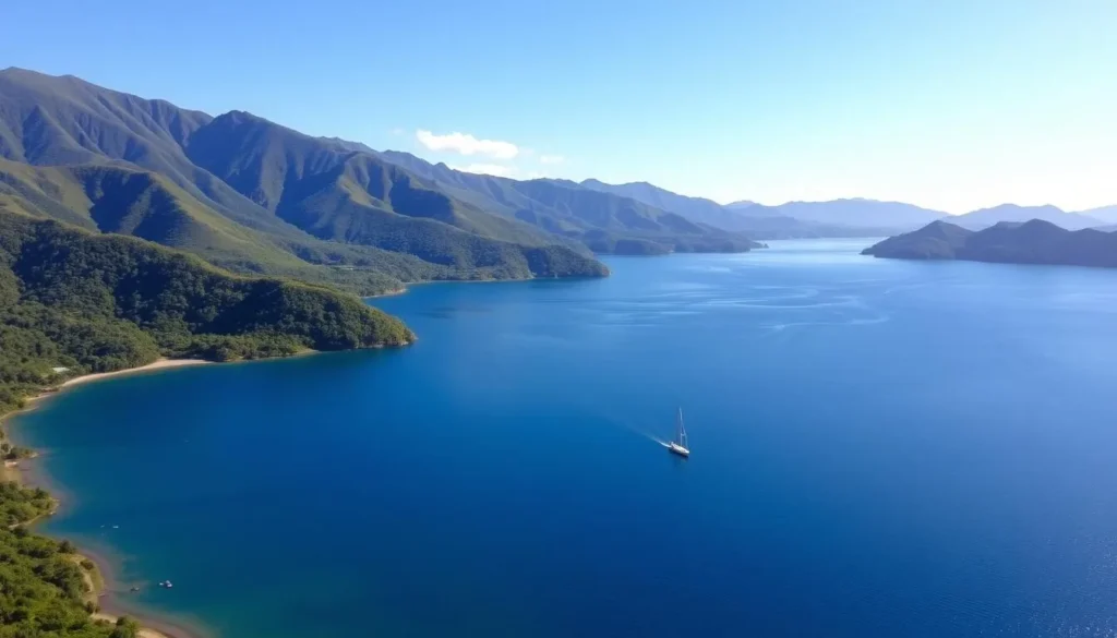 Hanabanilla Lake near Manicaragua with mountains in the background and boats on the water