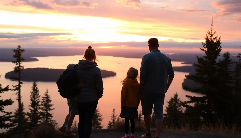 Happy family enjoying a sunset view over a lake in Ontario