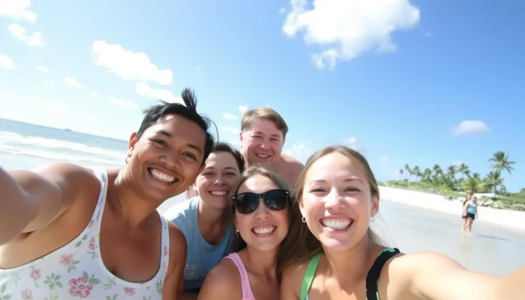Happy family taking a selfie at the beach in Curry Hammock State Park