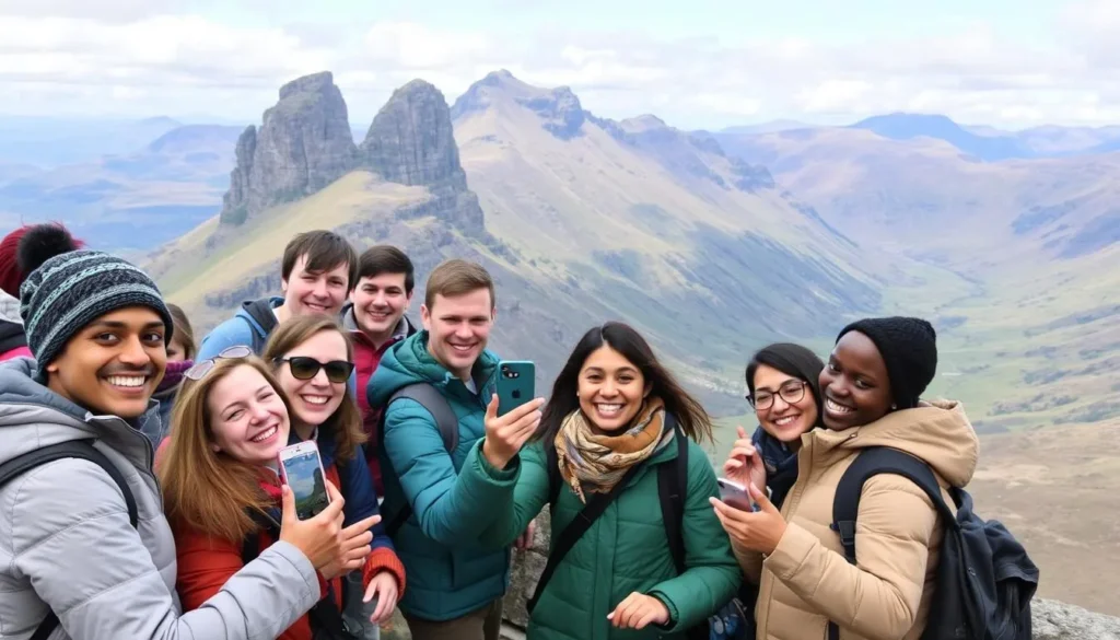 Happy tourists taking photos at Three Sisters viewpoint in Glencoe