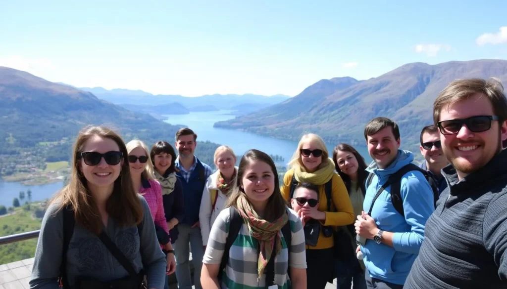 Happy tourists taking photos at a scenic viewpoint in Trossachs National Park
