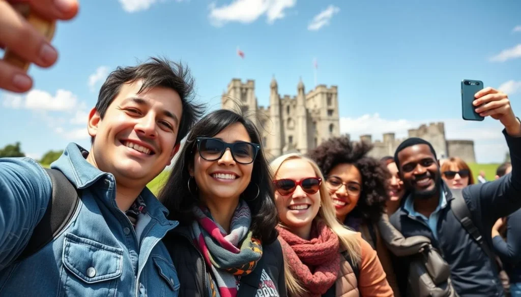 Happy tourists taking photos in front of Windsor Castle Happy tourists taking photos in front of Windsor Castle