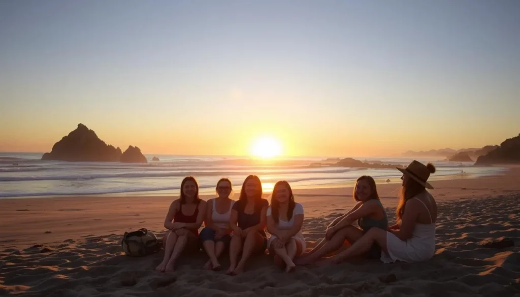 Happy visitors enjoying sunset at Asilomar State Beach