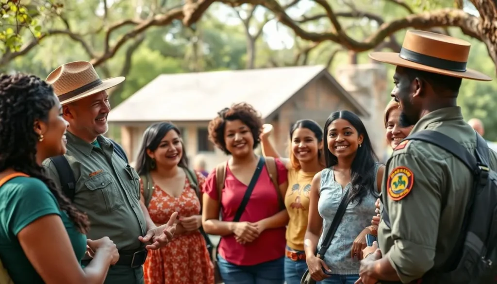 Happy visitors of diverse backgrounds enjoying an interpretive program at DeSoto Site Historic State Park Happy visitors of diverse backgrounds enjoying an interpretive program at DeSoto Site Historic State Park