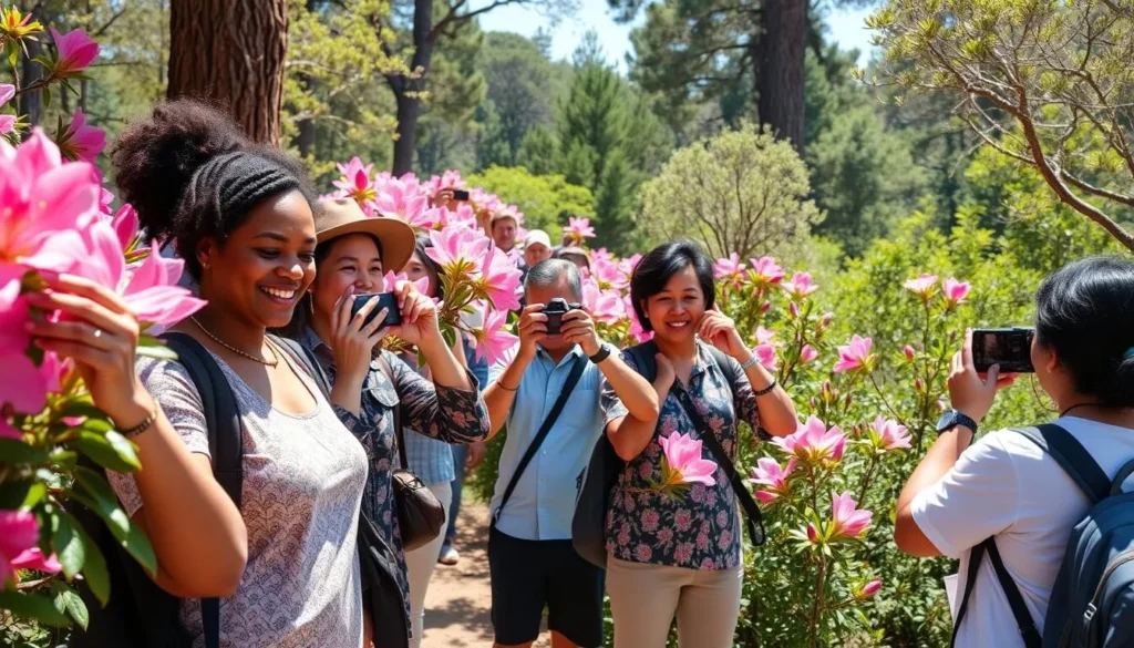 Happy visitors taking photos of azaleas at Azalea State Natural Reserve, California